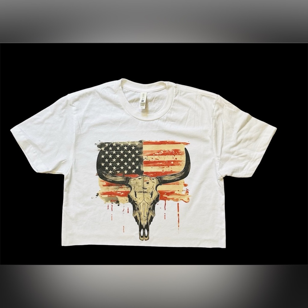 White cropped top T-Shirt with American Flag Bull Skull Design